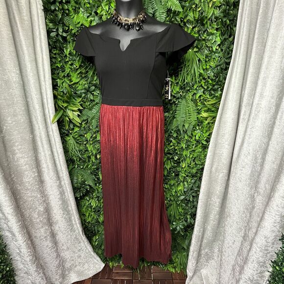 SHELBY NITES Women Dress 16 Black Red Gown Formal‎ Metallic Off Shoulder 1762 - Picture 1 of 10